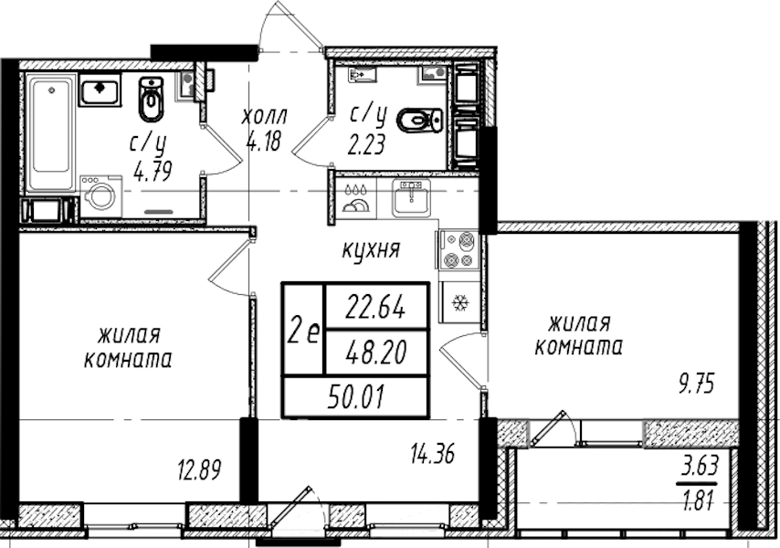 2-комнатная квартира 50.01 м², 6/16 эт., ЖК «Северная Долина»
